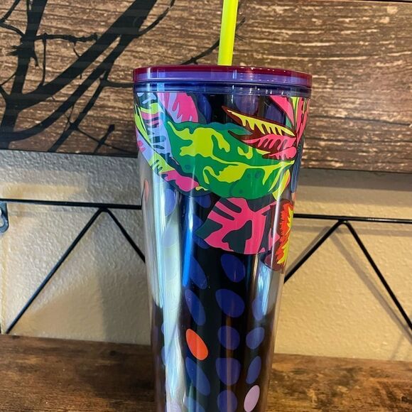 Starbucks Floral Leaves Purple Neon Green Spotted 24 Ounce Tumbler - Picture 5 of 9